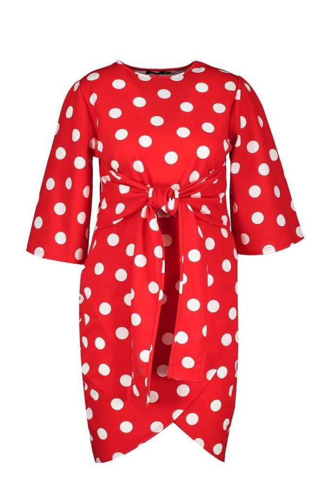 Womens Plus Polka Dot Kimono Sleeve Tie Waist Wrap Dress - red - 16, Red