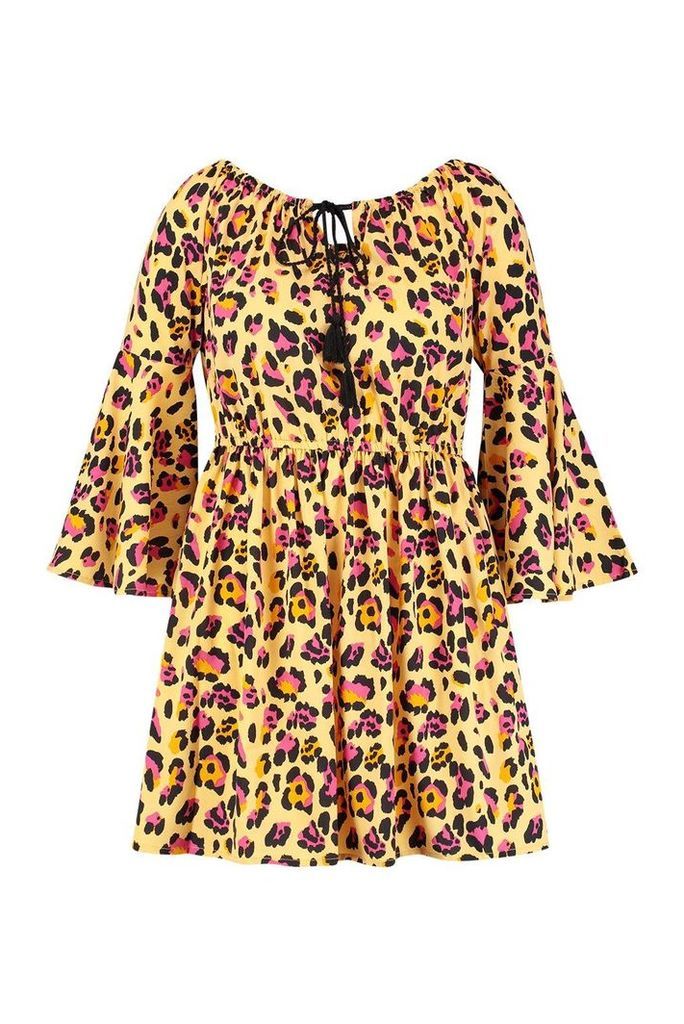 Womens Plus Leopard Print Flare Sleeve Beach Dress - yellow - 18, Yellow