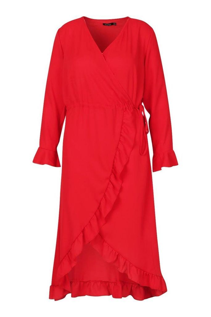 Womens Plus Ruffle Wrap Midi Dress - red - 20, Red