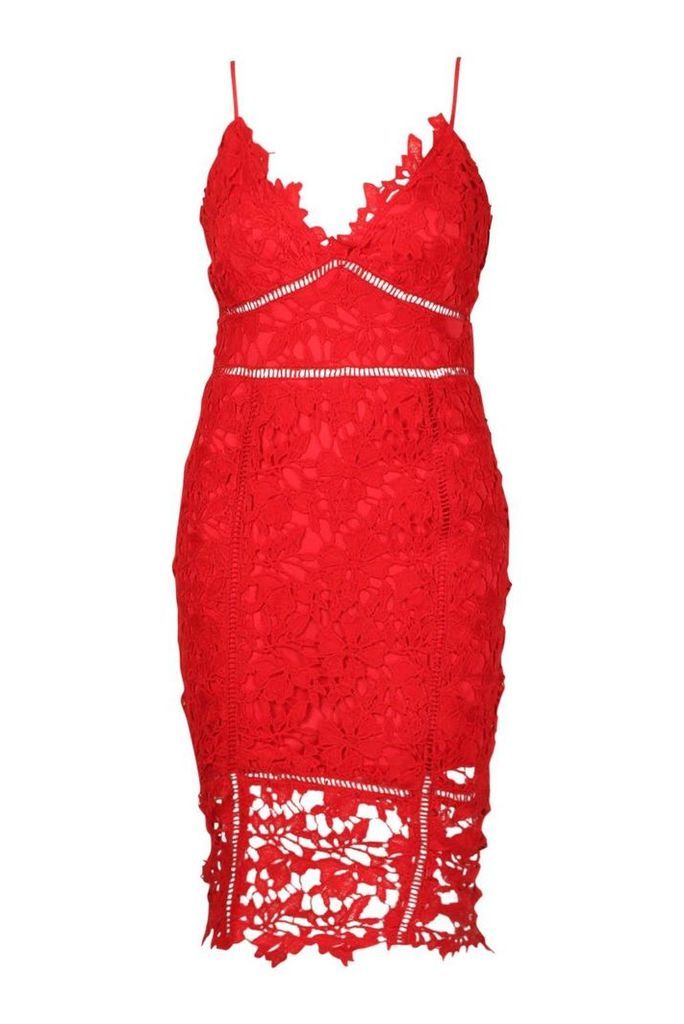 Womens Plus Premium Crochet Lace Stappy Midi Dress - red - 16, Red