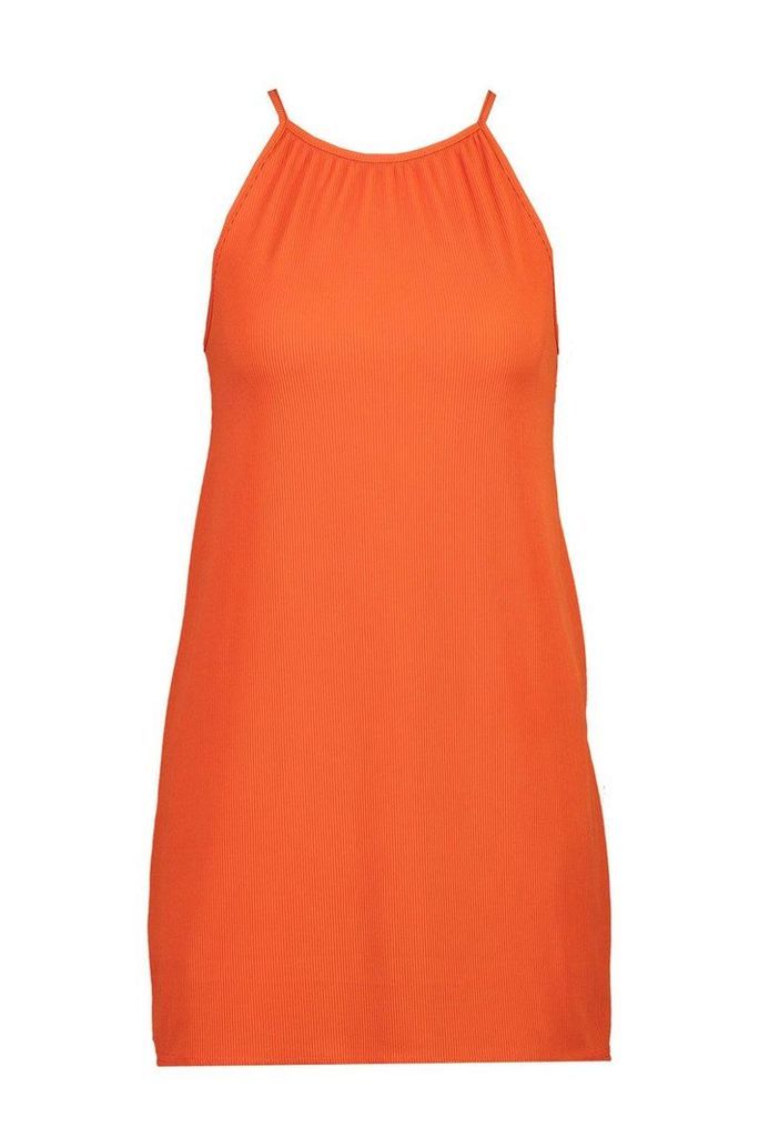 Womens Petite Rib Strappy Shift Dress - orange - 6, Orange