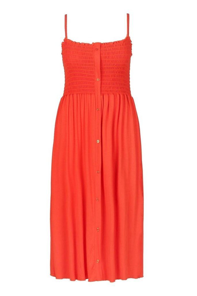 Womens Plus Button Detail Shirred Midi Dress - Orange - 20, Orange