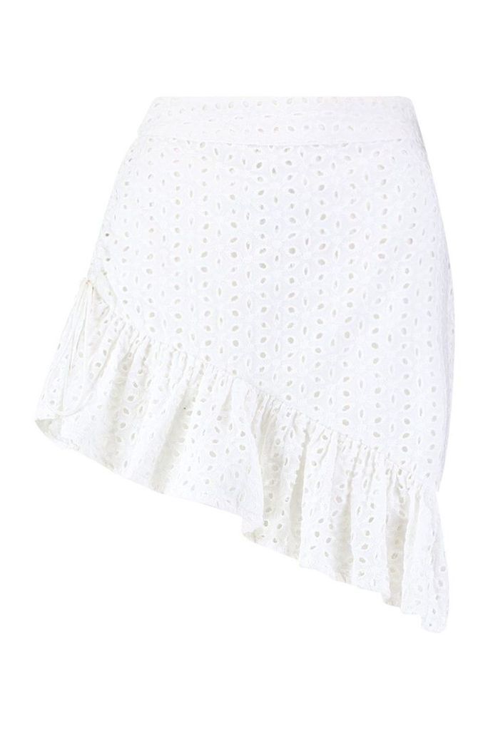 Womens Petite Broderie Anglaise Asymmetric Ruched Skirt - white - 12, White