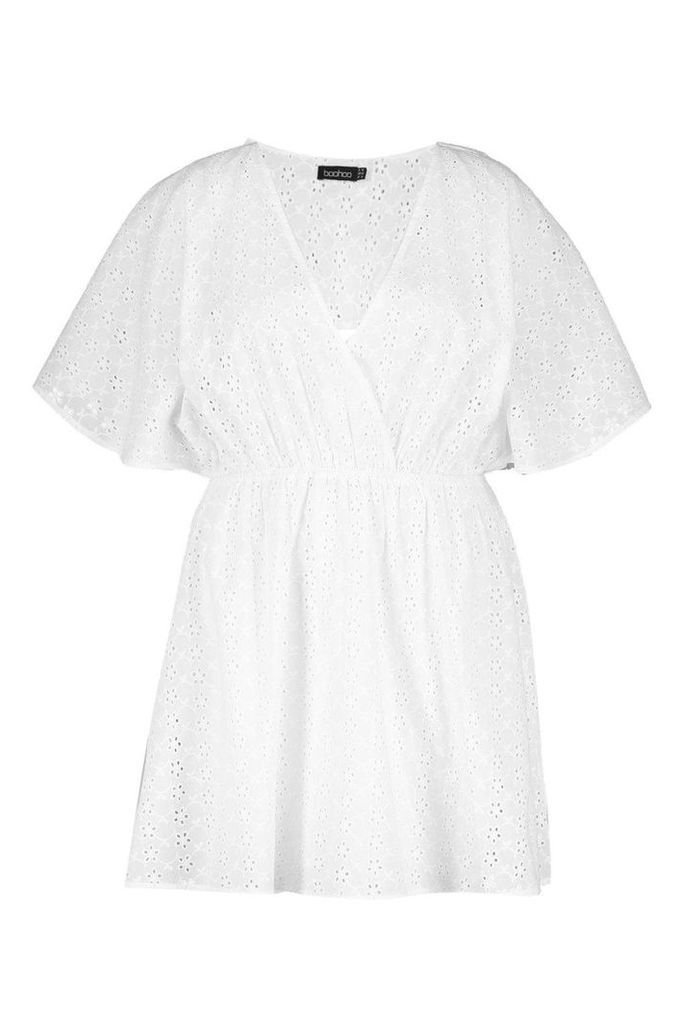 Womens Plus Broderie Anglaise Wrap Skater Dress - White - 16, White