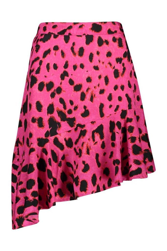 Womens Petite Leopard Print Ruffle Hem Midi Skirt - Pink - 10, Pink