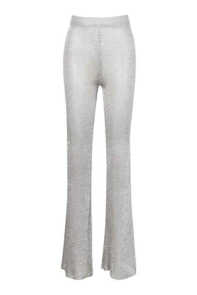 Womens Metallic Knit Wide Leg Trouser - grey - S, Grey