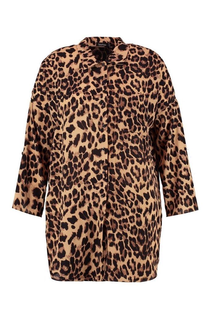 Womens Plus Leopard Print Oversized Shirt - brown - 16, Brown