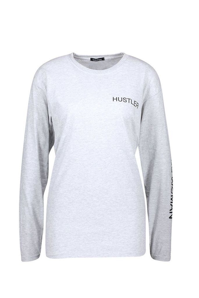 Womens Hustler Long Sleeve Slogan T-Shirt - grey - S, Grey