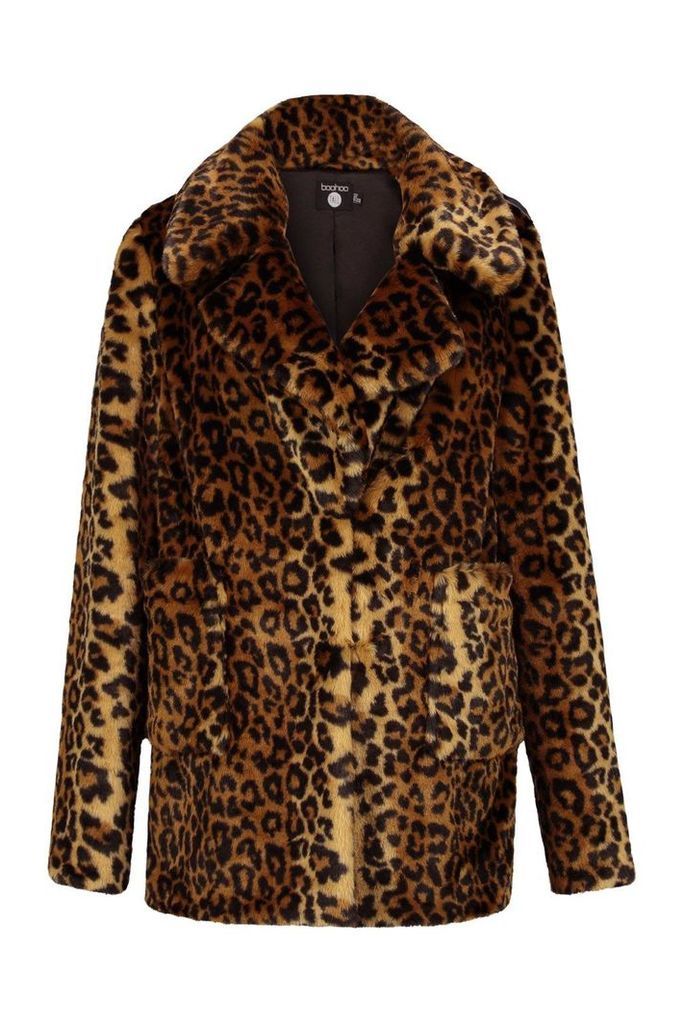 Womens Tall Faux Fur Leopard Print Coat - Multi - 10, Multi