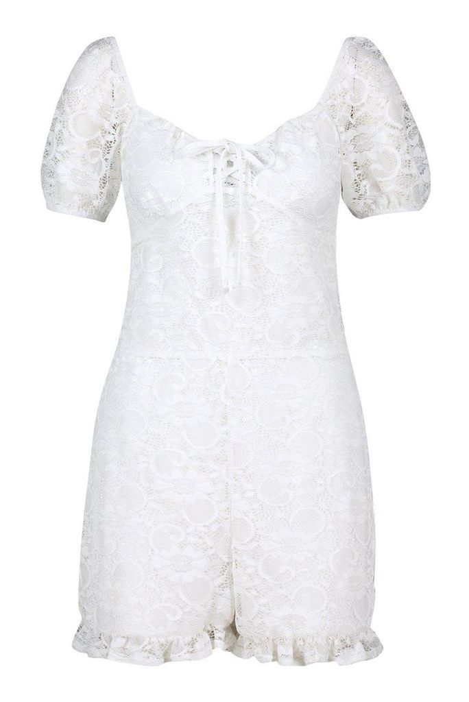 Womens Lace Puff Sleeve Sweetheart Playsuit - white - 12, White