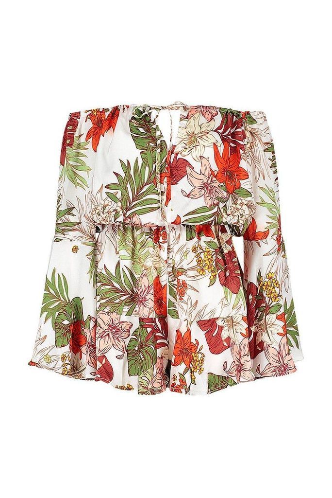 Womens Tropical Print Flute Sleeve Playsuit - white - 8, White