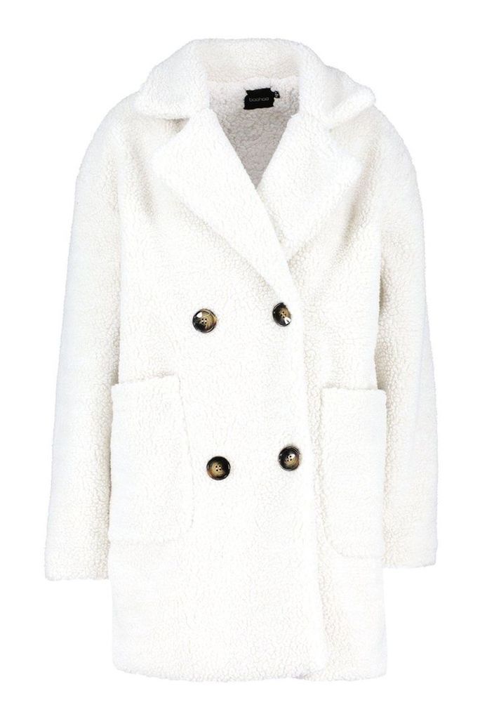 Womens Teddy Faux Fur Double Breasted Coat - white - 12, White