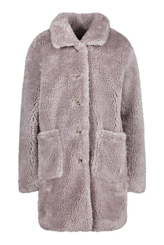 Womens Button Through Teddy Faux Fur Coat - grey - 12, Grey