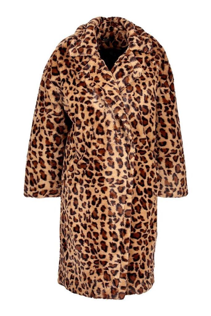 Womens Oversized Leopard Faux Fur Coat - Brown - 12, Brown