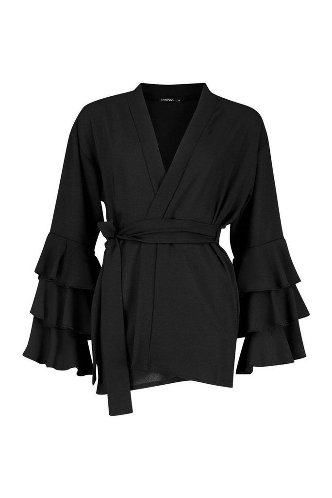 Womens Ruffle Sleeve Kimono - Black - M, Black