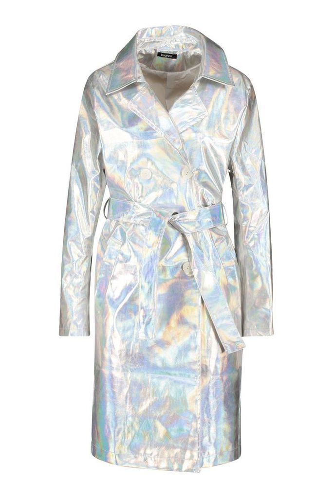 Womens Holographic Trench Coat - grey - 10, Grey