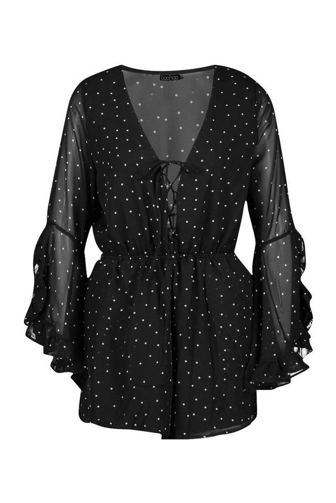 Womens Polka Dot Flare Ruffle Sleeve Playsuit - Black - L, Black