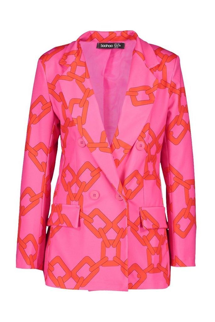 Womens Chain Print Double Breasted Blazer - Pink - 10, Pink
