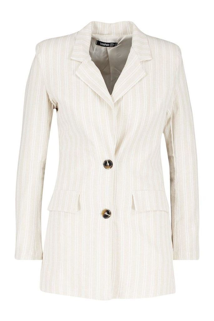Womens Linen Stripe Blazer - beige - 12, Beige