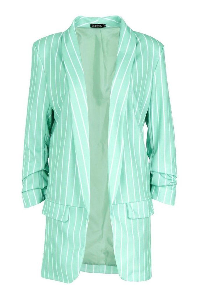 Womens Tall Stripe Ruched Sleeve Woven Blazer - green - 10, Green