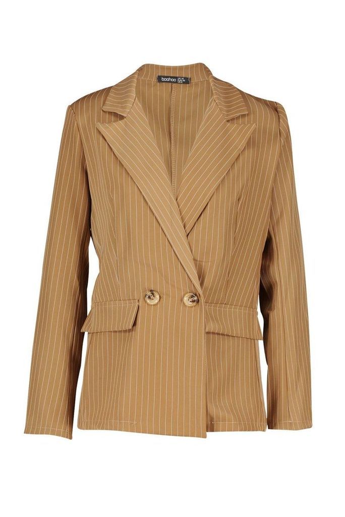 Womens Relaxed Pinstripe Double Breasted Blazer - brown - 14, Brown
