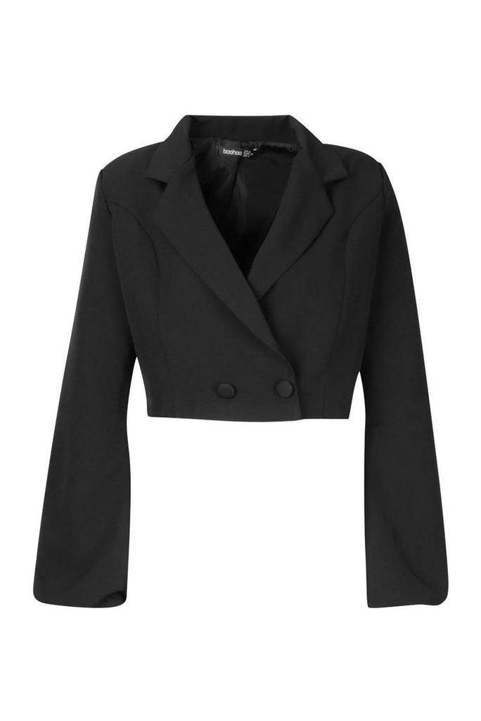 Womens Volume Sleeve Double Breasted Cropped Blazer - black - 14, Black