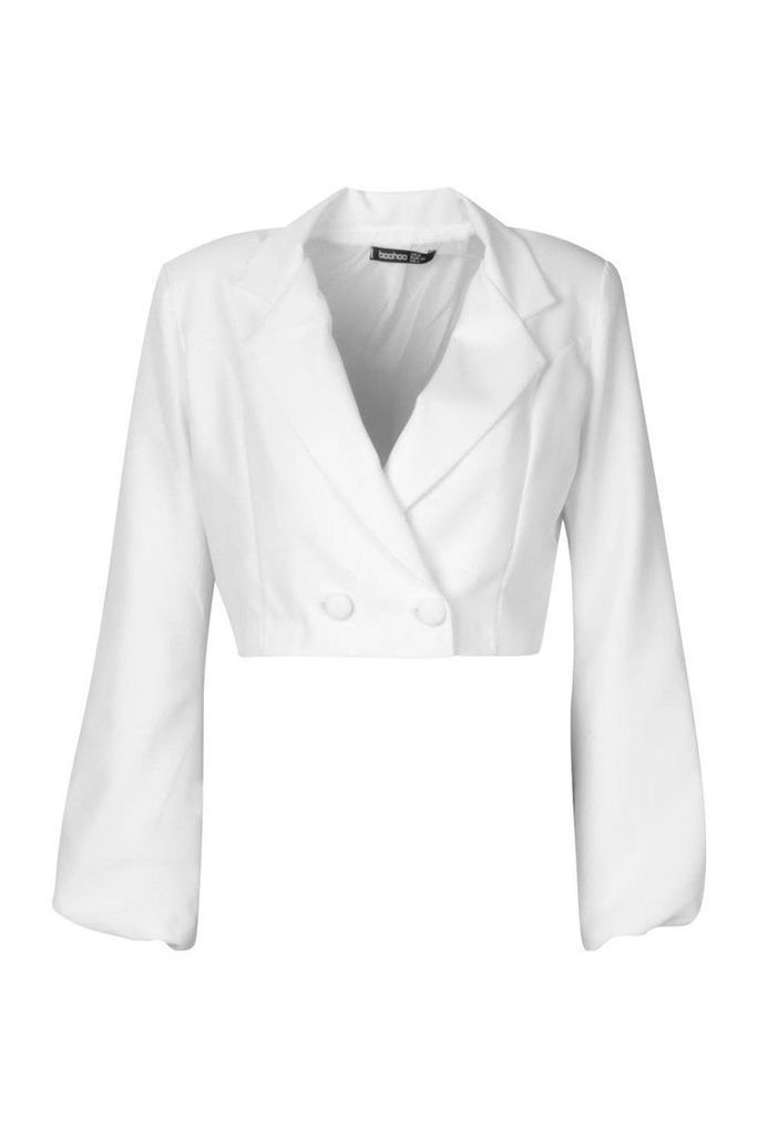 Womens Volume Sleeve Double Breasted Cropped Blazer - white - 12, White
