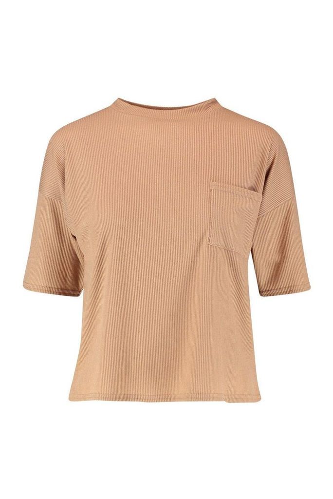 Womens Basic Rib Pocket Detail T-Shirt - beige - 6, Beige