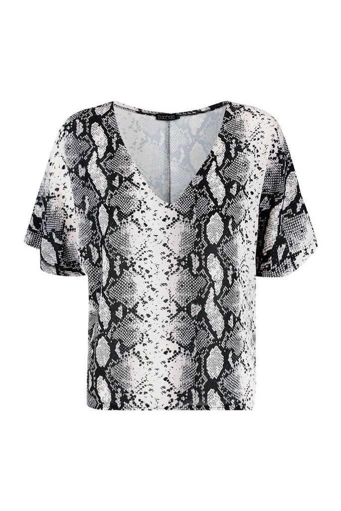 Womens Woven Snake Print V Front T-Shirt - grey - 12, Grey