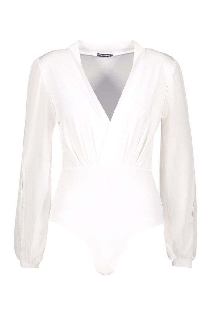 Womens Wrap Chiffon Split Sleeve Bodysuit - white - 10, White