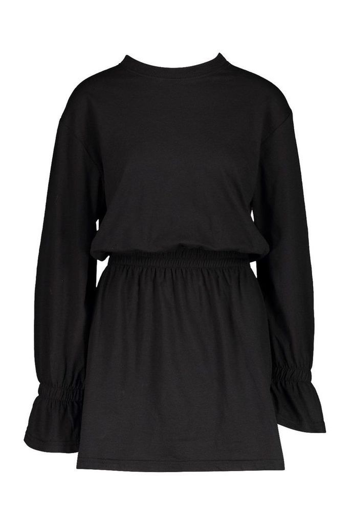 Womens Cotton Shirred Waist T-Shirt Dress - black - 8, Black
