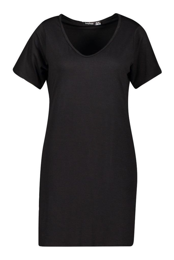 Womens V Neck Short Sleeve T-Shirt Dress - Black - 12, Black