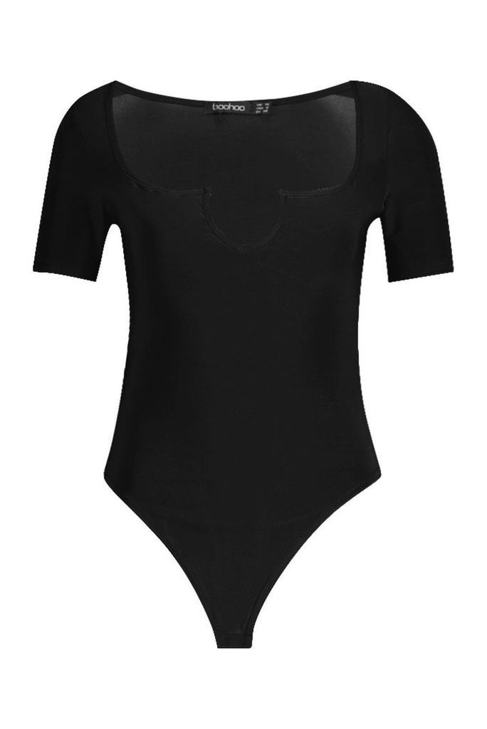 Womens Slinky Notch Short Sleeve Bodysuit - black - 8, Black