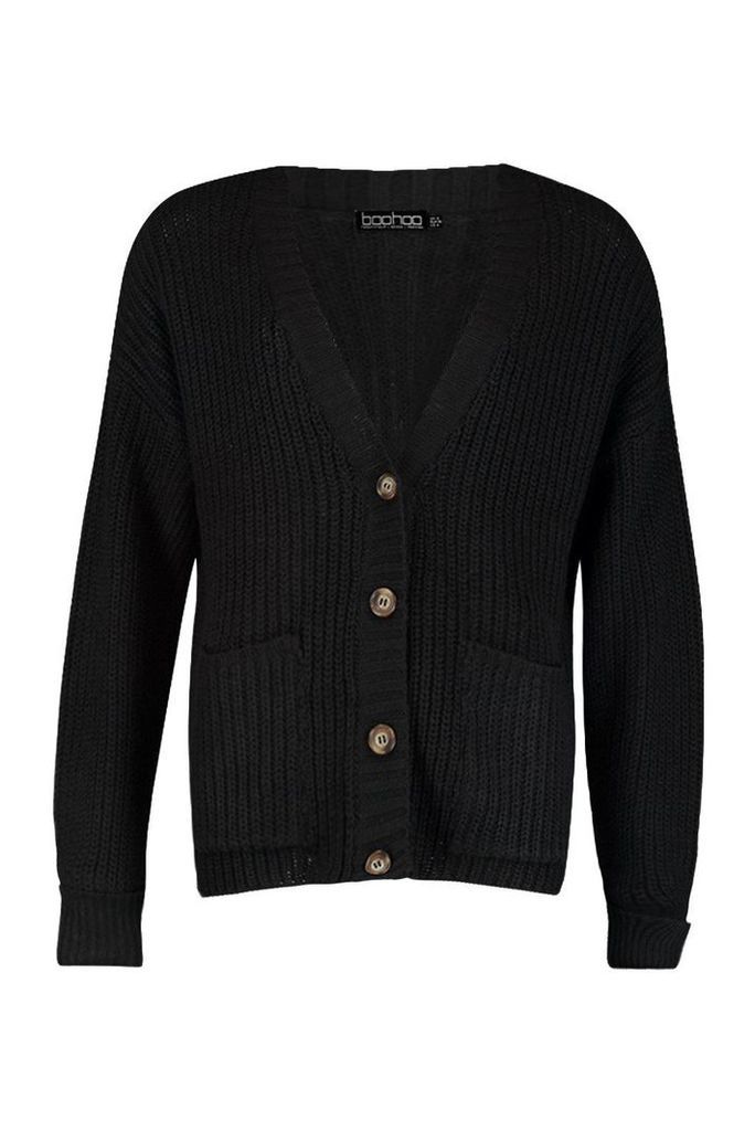 Womens Fisherman Knit Button Through Cardigan - black - L, Black