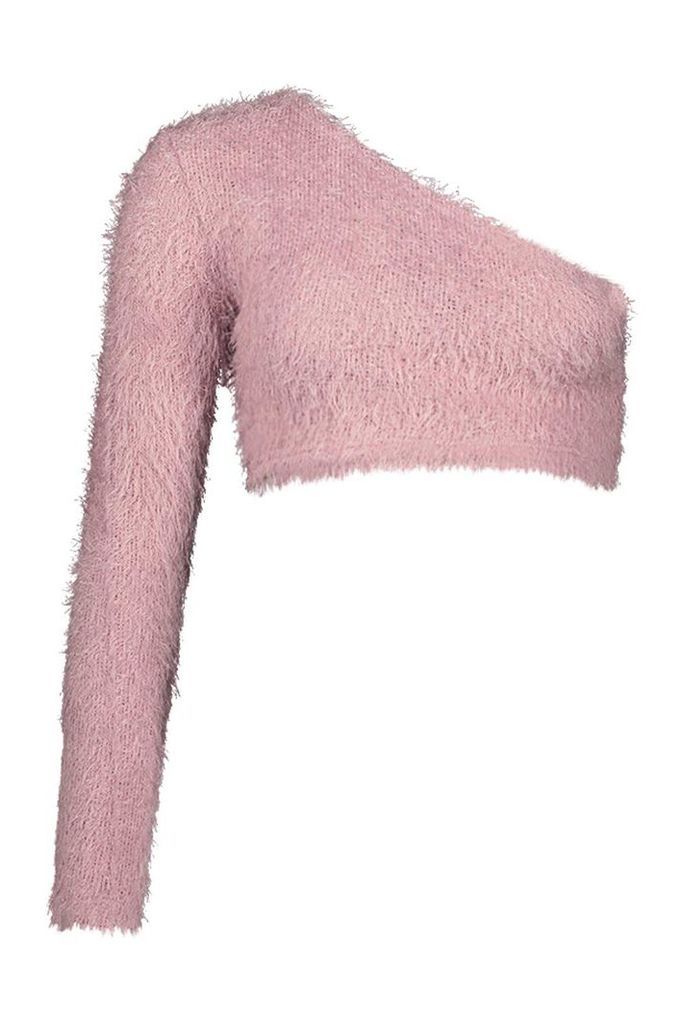 Womens One Shoulder Fluffy Knit Jumper - pink - 12, Pink