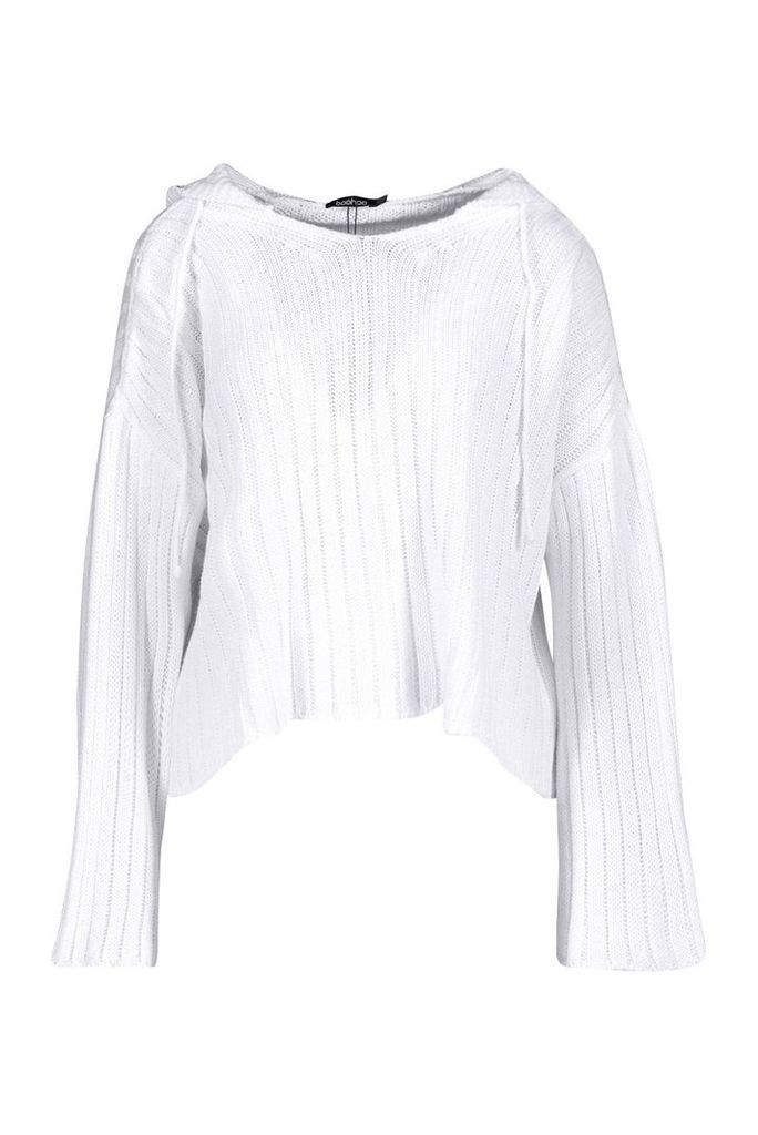 Womens Knitted Ribbed Hoody - white - L, White