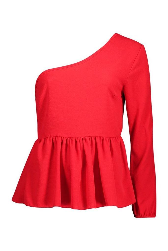 Womens Woven One Shoulder Peplum - red - 8, Red