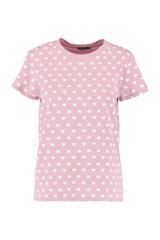 Womens Love Heart Repeat Print T-Shirt - Pink - Xl, Pink