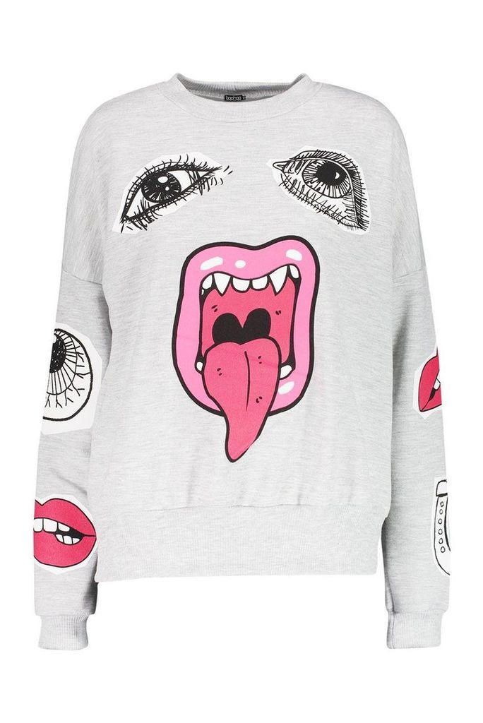 Womens Face Graphic jumper - grey - L, Grey