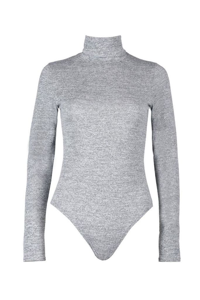 Womens Marl Knit Roll Neck Bodysuit - grey - 14, Grey