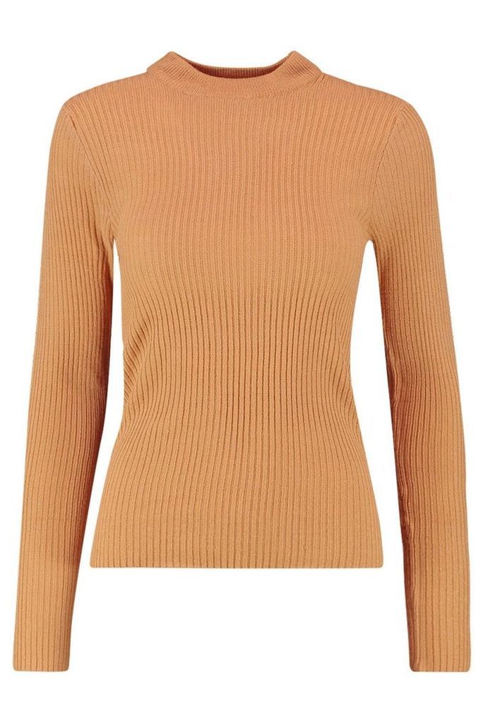 Womens Ribbed Roll/Polo Neck Jumper - Beige - L, Beige