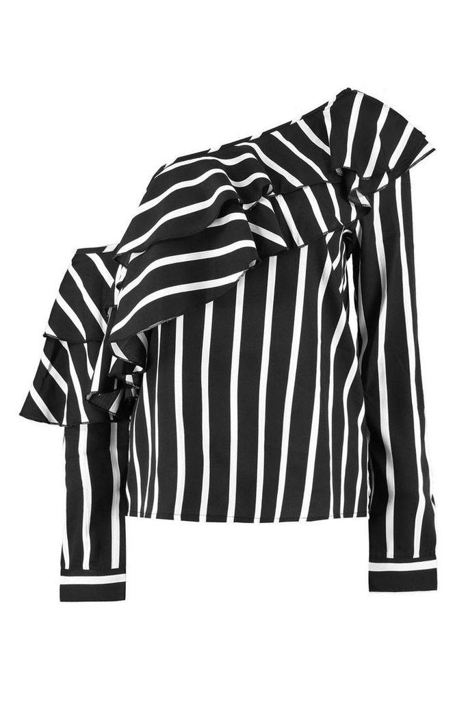 Womens Stripe Ruffle One Shoulder Woven Blouse - Black - 10, Black