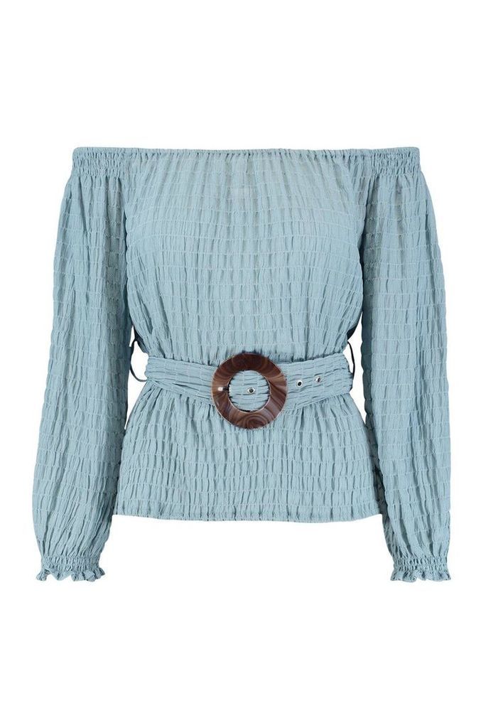Womens Oversized Wood Effect Buckle Ruched Bardot Top - blue - 12, Blue
