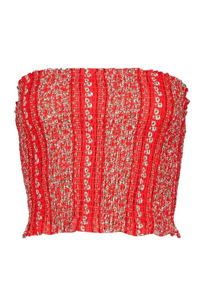 Womens Floral Woven Shirred Bandeau - XS, Red