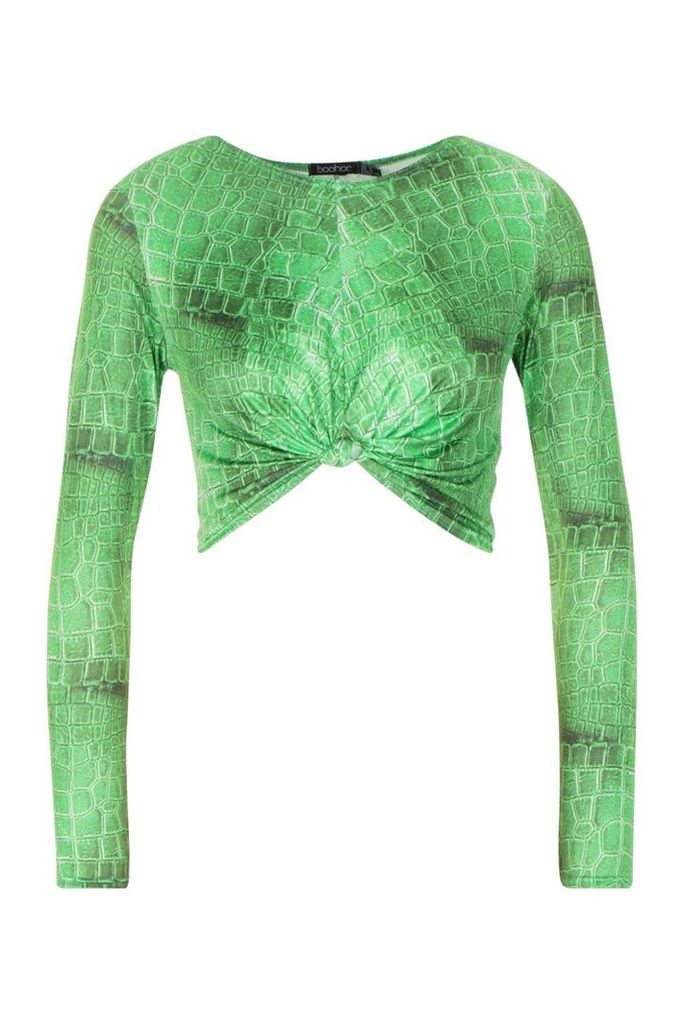 Womens Croc Print Slinky Twist Knot Top - green - 14, Green