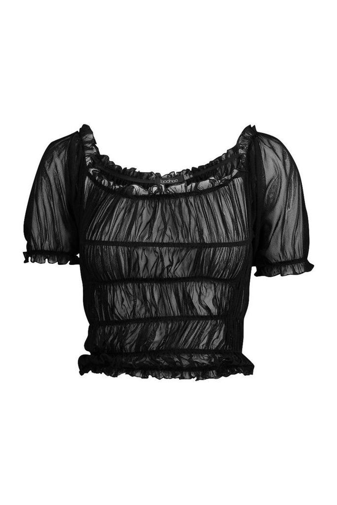 Womens All Over Ruched Mesh Top - black - 12, Black