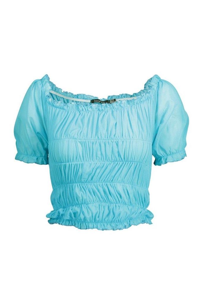 Womens All Over Ruched Mesh Top - azure - 6, Azure