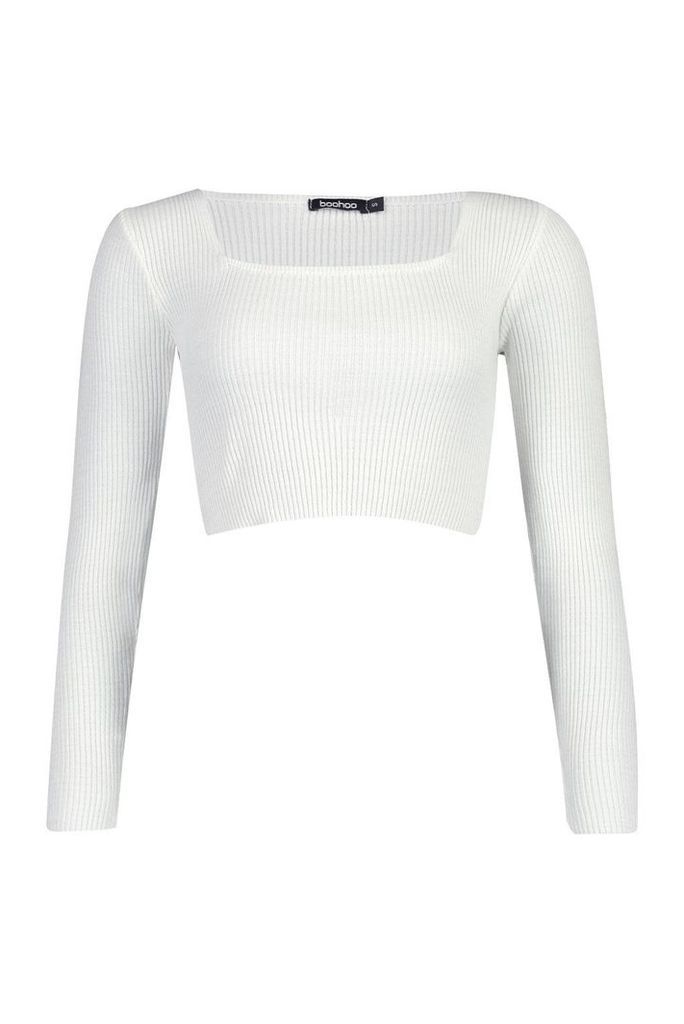 Womens Square Neck Long Sleeve Knitted Crop Top - white - L, White