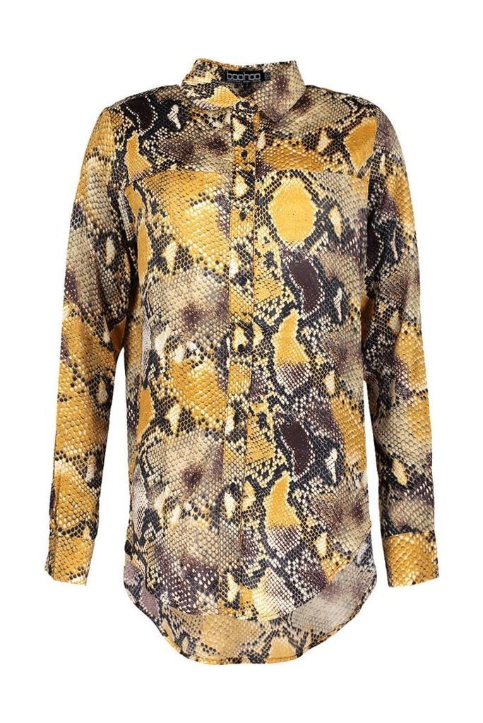 Womens Snake Print Satin Shirt - yellow - S, Yellow