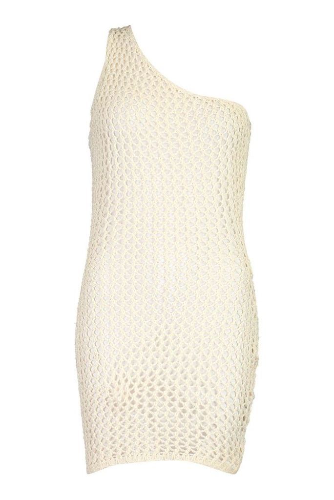 Womens Crochet Knit One Shoulder Mini Dress - white - L, White